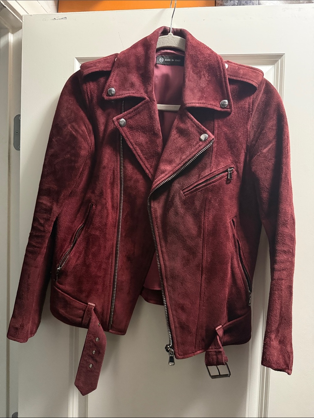 Ag Adriano Goldschmied Burgundy Suede Moto Jacket
